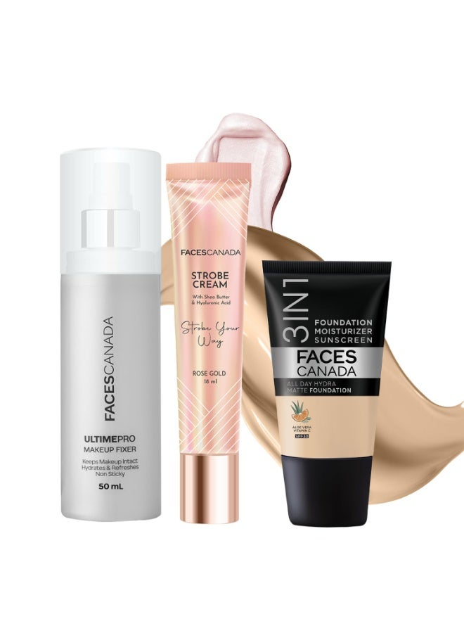 FACESCANADA Always On Glow Combo - All Day Hydra Matte Foundation - Absolute Ivory 012 (18 ml) + Strobe Cream - Rose Gold (18 ml) + Ultime Pro Makeup Fixer (50 ml) | Illuminating & Glowing Makeup Base | Long Lasting Makeup Setting Spray - Image 1